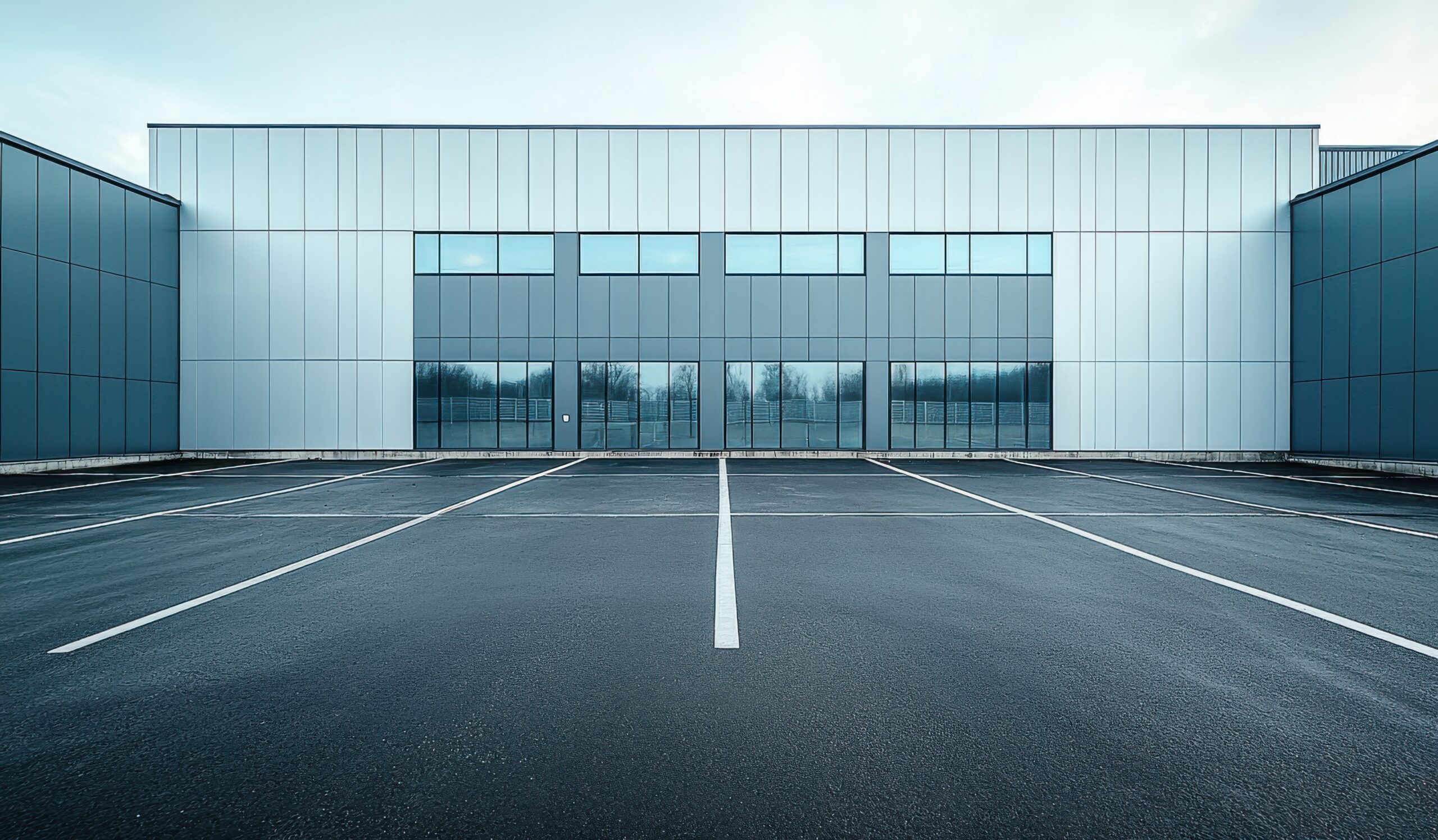 Modern industrial building with clean concrete parking area after professional pressure washing