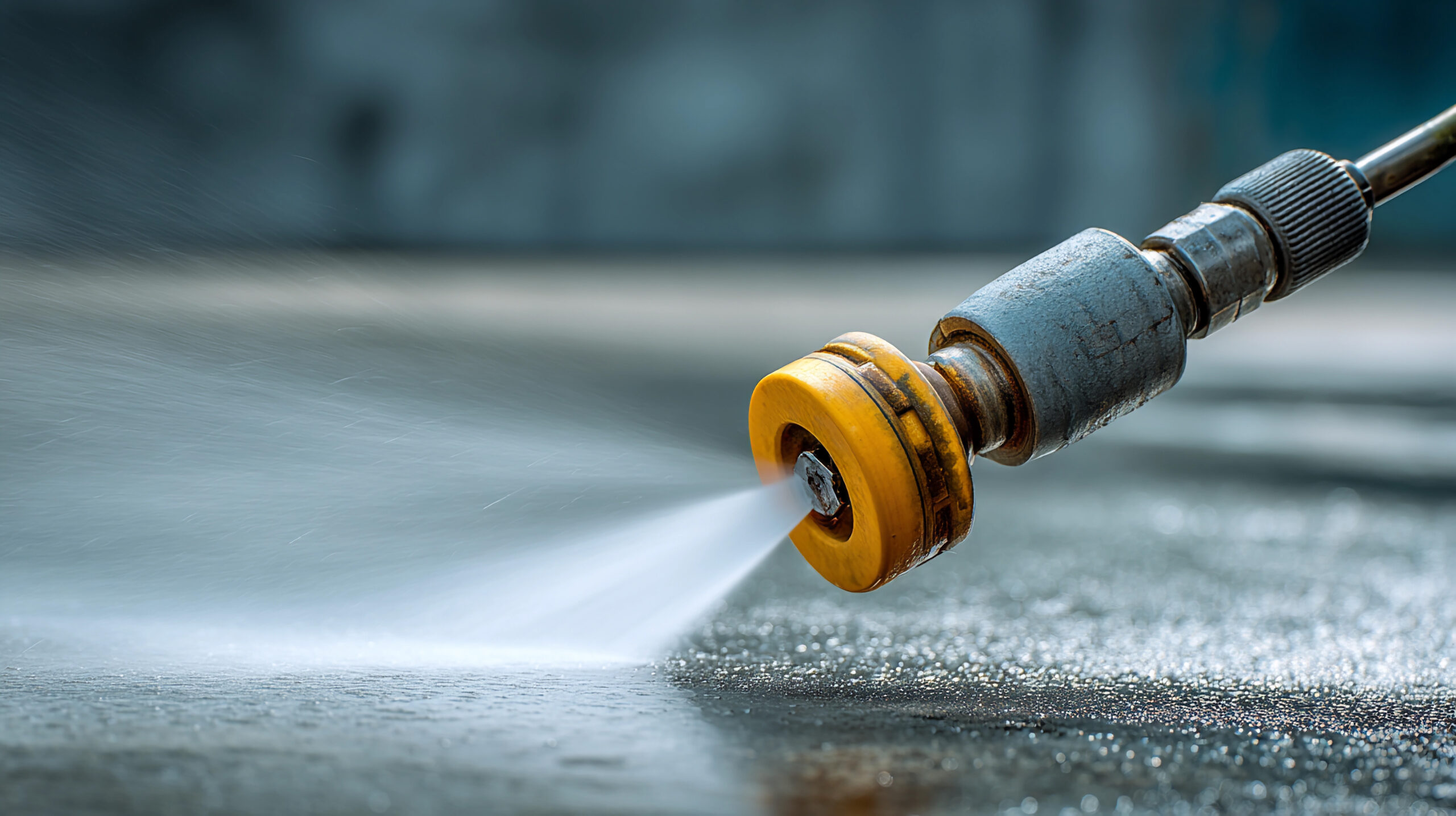 close up of a pressure washing nozzles spraying water to clean concrete surface