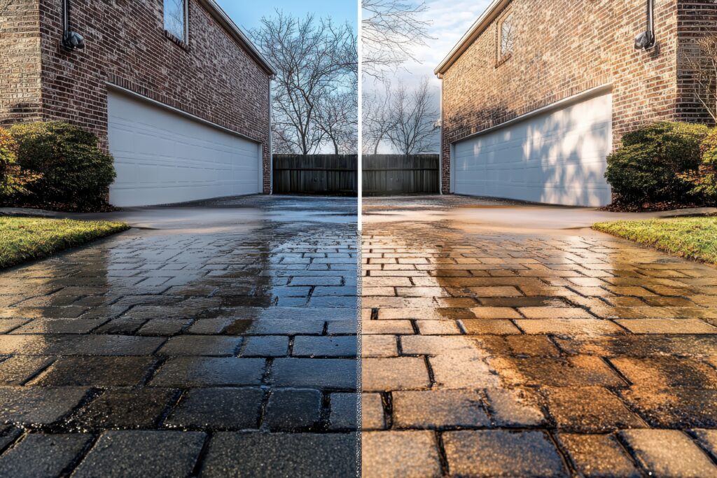 before and after pressure washing a large residential driveway in roseville, ca to remove dirt, moss, and heavy staining