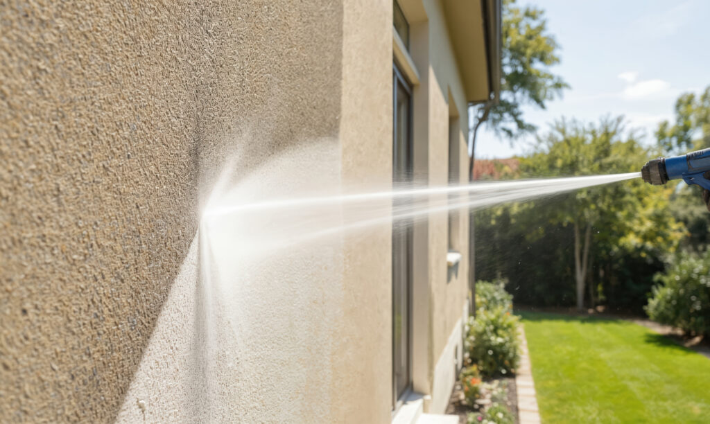 soft washing a stucco residential home to remove mildew, dirt, and organic buildup